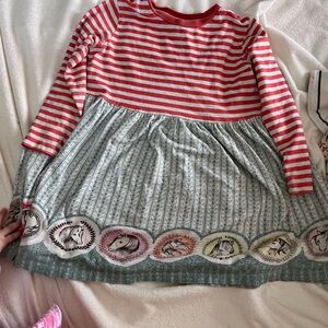 Girls' Red Stripe and Sage Horse Border Casual Dress